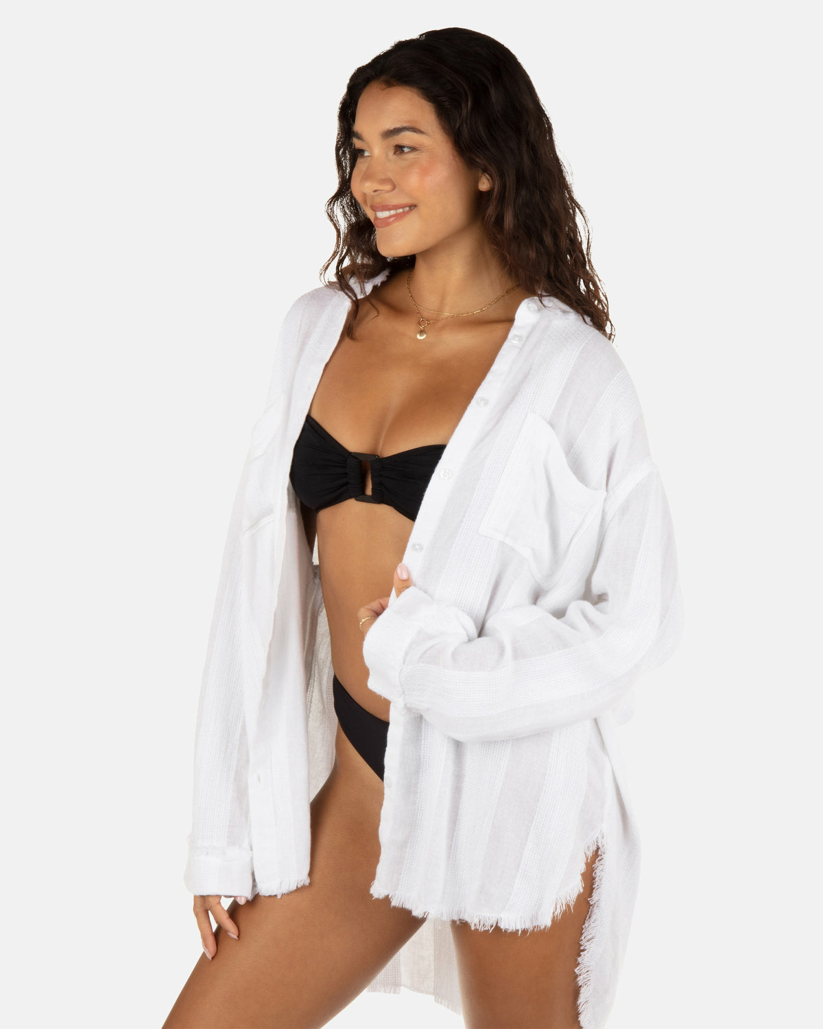 Hurley Womens Solid Stripe Gauze Long Sleeve Button Front Shirt