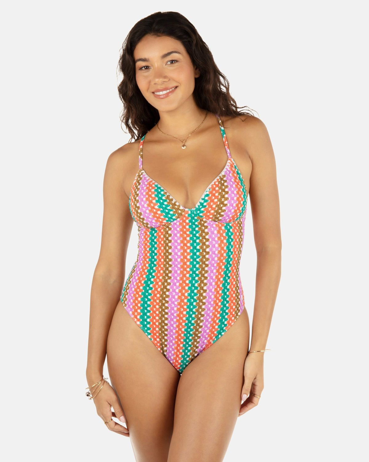 Hurley Womens Printed Stripe Crochet Scrunch Soft Cup Moderate One Piece